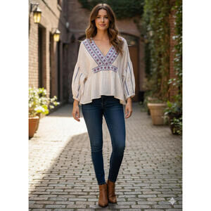 Lucky Brand Embroidered V-Neck Peasant Blouse NWOT